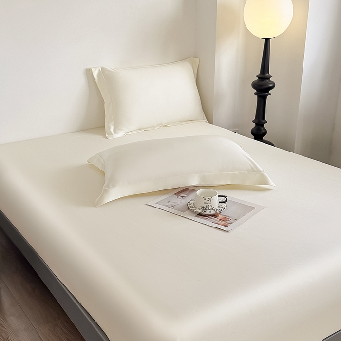 91家纺网 家纺一手货源 找家纺 金喜 2025新款LF级60支莱赛尔天丝床笠三件套纯色天丝床笠 奶昔米