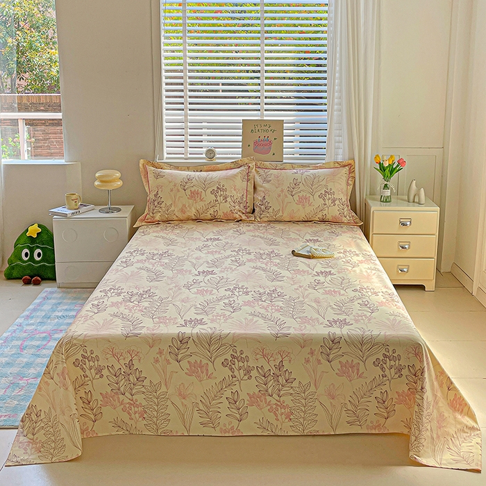 91家纺网 家纺一手货源 找家纺 忆生活家纺 2025新款全棉纯棉老粗布印花床单三件套 繁花-粉