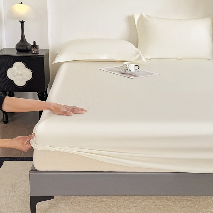 91家纺网 家纺一手货源 找家纺 金喜 2025新款LF级60支莱赛尔天丝床笠三件套纯色天丝床笠 奶昔米