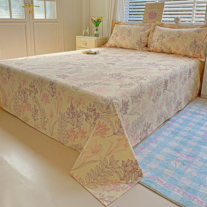 91家纺网 家纺一手货源 找家纺 忆生活家纺 2025新款全棉纯棉老粗布印花床单三件套 繁花-粉