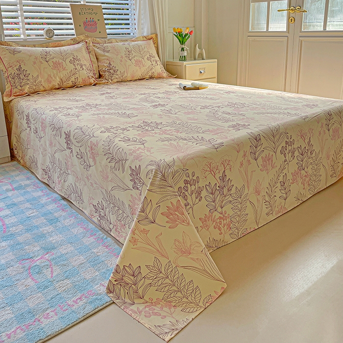 91家纺网 家纺一手货源 找家纺 忆生活家纺 2025新款全棉纯棉老粗布印花床单三件套 繁花-粉