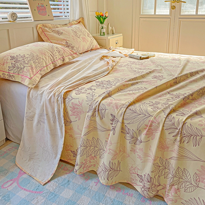 91家纺网 家纺一手货源 找家纺 忆生活家纺 2025新款全棉纯棉老粗布印花床单三件套 繁花-粉