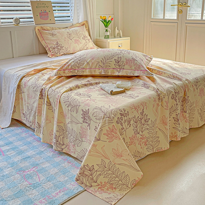 91家纺网 家纺一手货源 找家纺 忆生活家纺 2025新款全棉纯棉老粗布印花床单三件套 繁花-粉