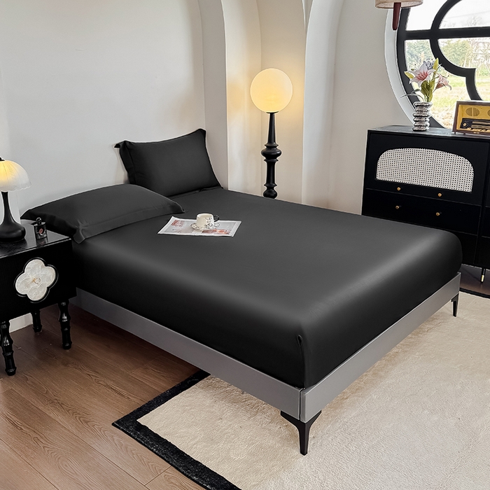 91家纺网 家纺一手货源 找家纺 金喜 2025新款LF级60支莱赛尔天丝床笠三件套纯色天丝床笠 乌木黑