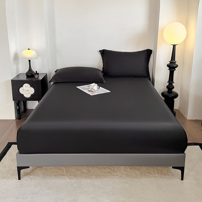 91家纺网 家纺一手货源 找家纺 金喜 2025新款LF级60支莱赛尔天丝床笠三件套纯色天丝床笠 乌木黑