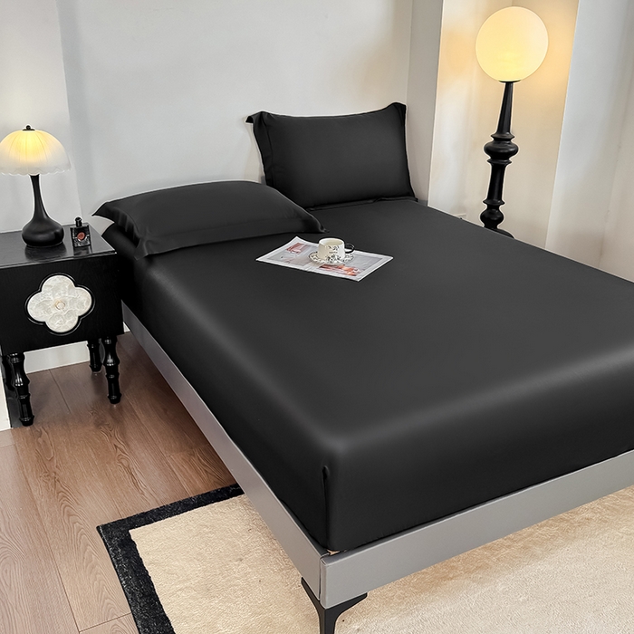 91家纺网 家纺一手货源 找家纺 金喜 2025新款LF级60支莱赛尔天丝床笠三件套纯色天丝床笠 乌木黑