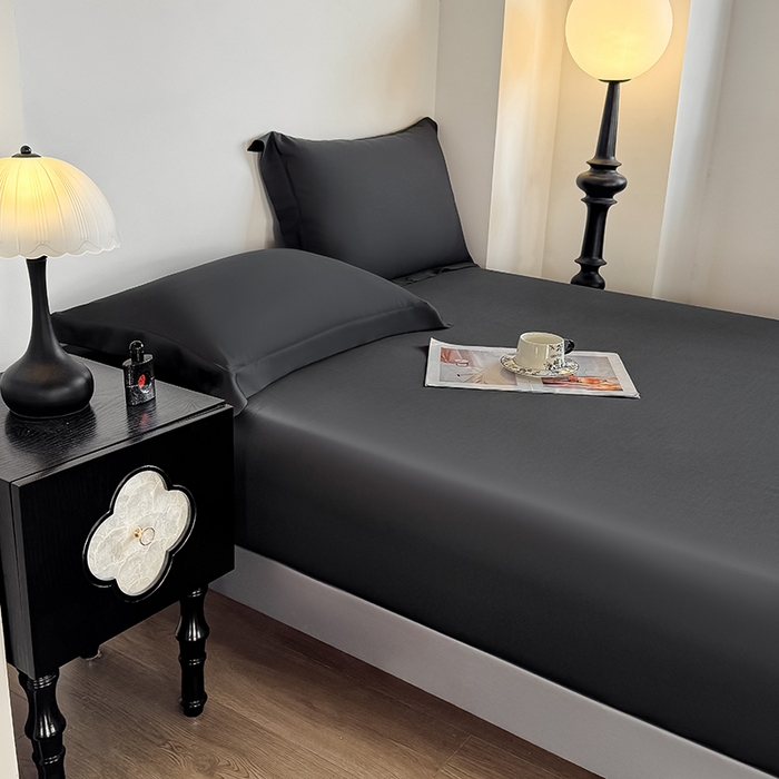 91家纺网 家纺一手货源 找家纺 金喜 2025新款LF级60支莱赛尔天丝床笠三件套纯色天丝床笠 乌木黑