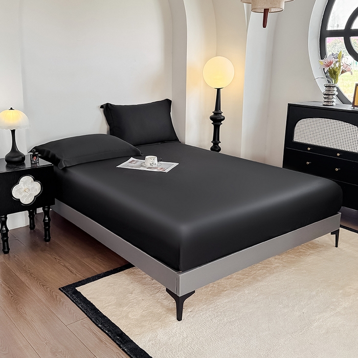 91家纺网 家纺一手货源 找家纺 金喜 2025新款LF级60支莱赛尔天丝床笠三件套纯色天丝床笠 乌木黑