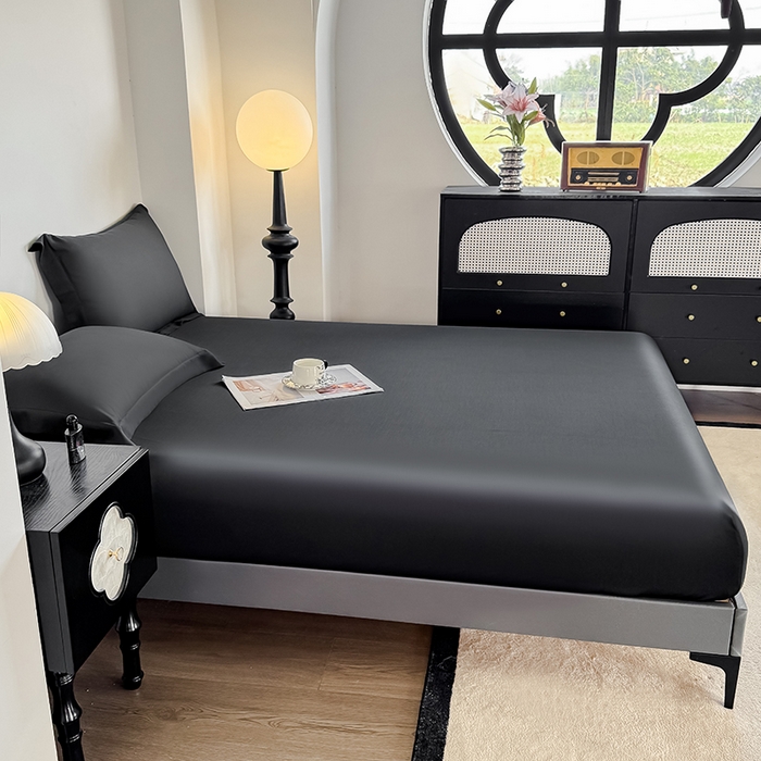 91家纺网 家纺一手货源 找家纺 金喜 2025新款LF级60支莱赛尔天丝床笠三件套纯色天丝床笠 乌木黑