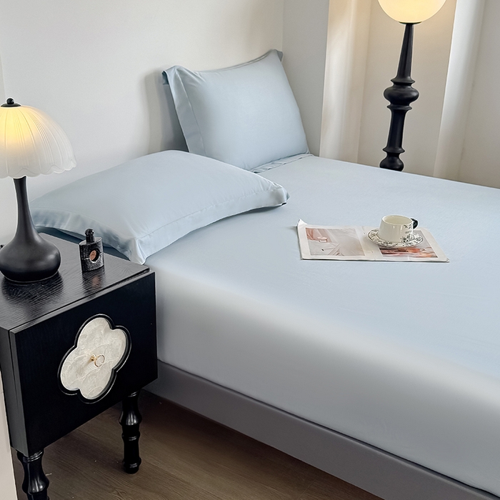 91家纺网 家纺一手货源 找家纺 金喜 2025新款LF级60支莱赛尔天丝床笠三件套纯色天丝床笠 雾兰