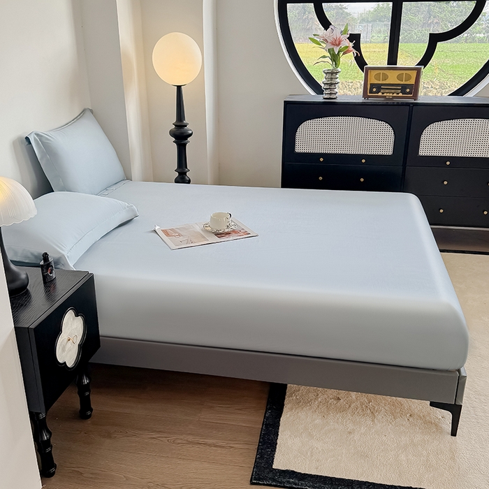 91家纺网 家纺一手货源 找家纺 金喜 2025新款LF级60支莱赛尔天丝床笠三件套纯色天丝床笠 雾兰