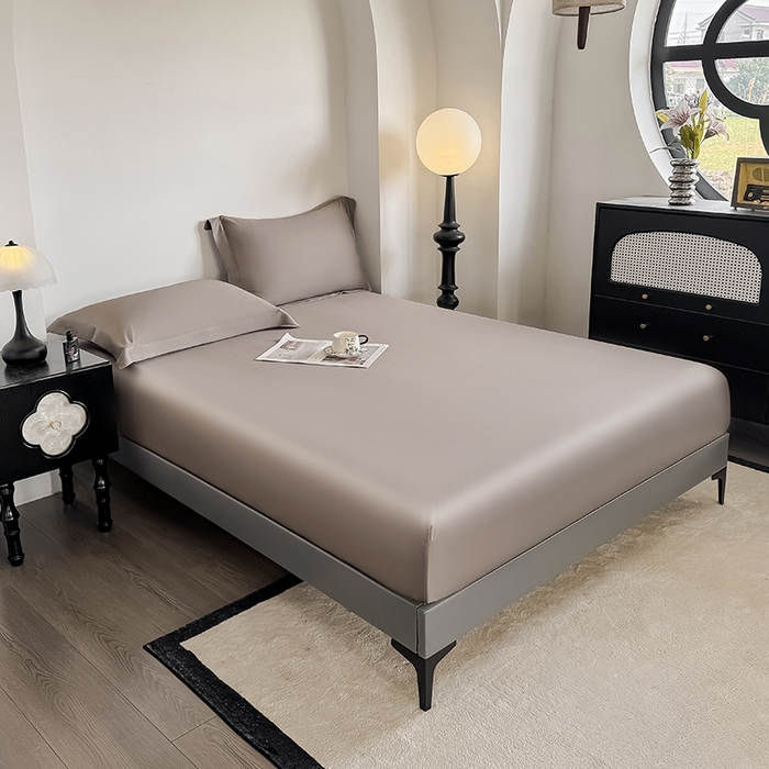 91家纺网 家纺一手货源 找家纺 金喜 2025新款LF级60支莱赛尔天丝床笠三件套纯色天丝床笠 香谷棕