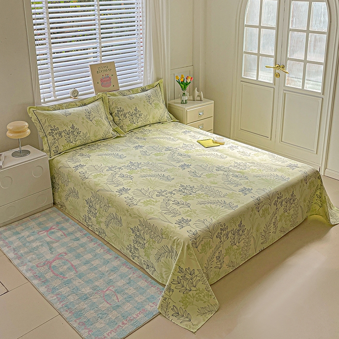 91家纺网 家纺一手货源 找家纺 忆生活家纺 2025新款全棉纯棉老粗布印花床单三件套 繁花-绿