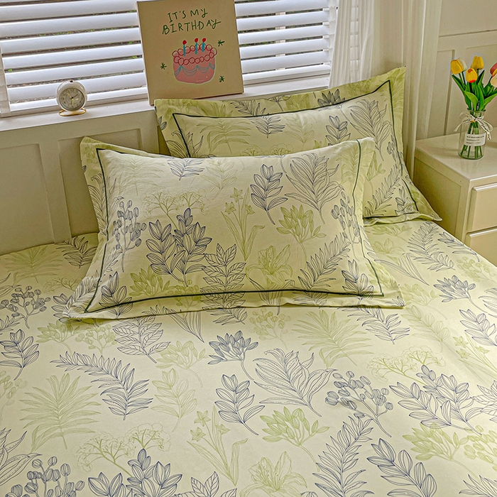 91家纺网 家纺一手货源 找家纺 忆生活家纺 2025新款全棉纯棉老粗布印花床单三件套 繁花-绿