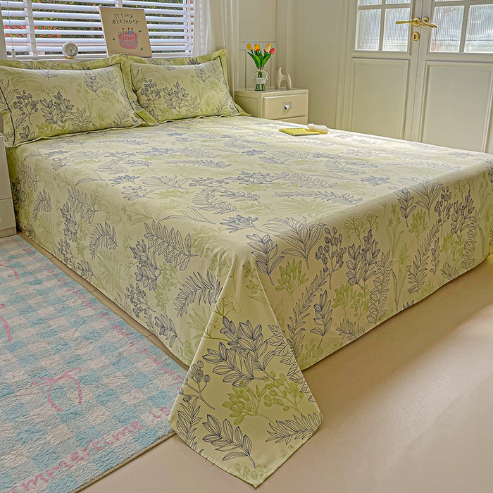 91家纺网 家纺一手货源 找家纺 忆生活家纺 2025新款全棉纯棉老粗布印花床单三件套 繁花-绿