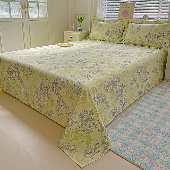 91家纺网 家纺一手货源 找家纺 忆生活家纺 2025新款全棉纯棉老粗布印花床单三件套 繁花-绿