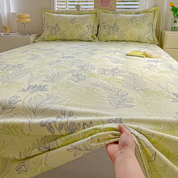 91家纺网 家纺一手货源 找家纺 忆生活家纺 2025新款全棉纯棉老粗布印花床单三件套 繁花-绿