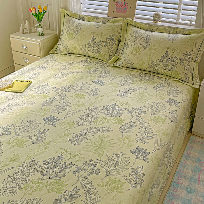 91家纺网 家纺一手货源 找家纺 忆生活家纺 2025新款全棉纯棉老粗布印花床单三件套 繁花-绿