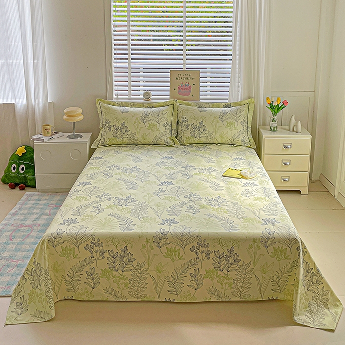 91家纺网 家纺一手货源 找家纺 忆生活家纺 2025新款全棉纯棉老粗布印花床单三件套 繁花-绿