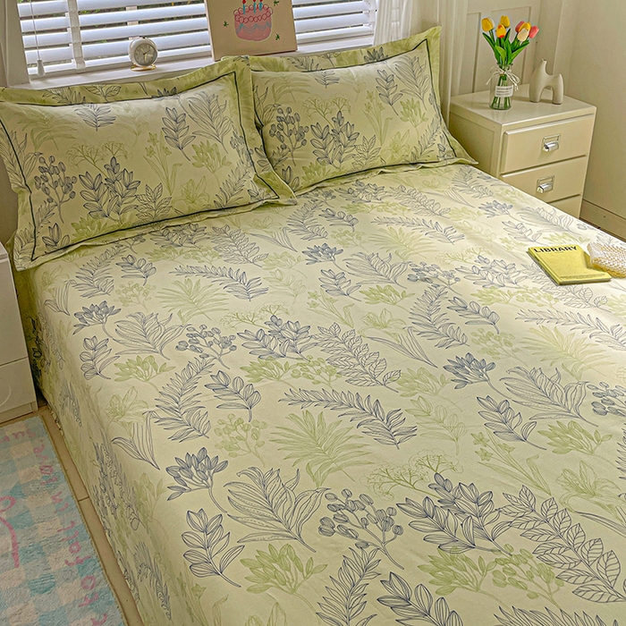 91家纺网 家纺一手货源 找家纺 忆生活家纺 2025新款全棉纯棉老粗布印花床单三件套 繁花-绿