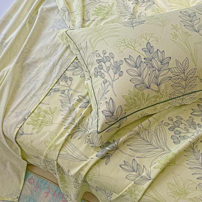 91家纺网 家纺一手货源 找家纺 忆生活家纺 2025新款全棉纯棉老粗布印花床单三件套 繁花-绿