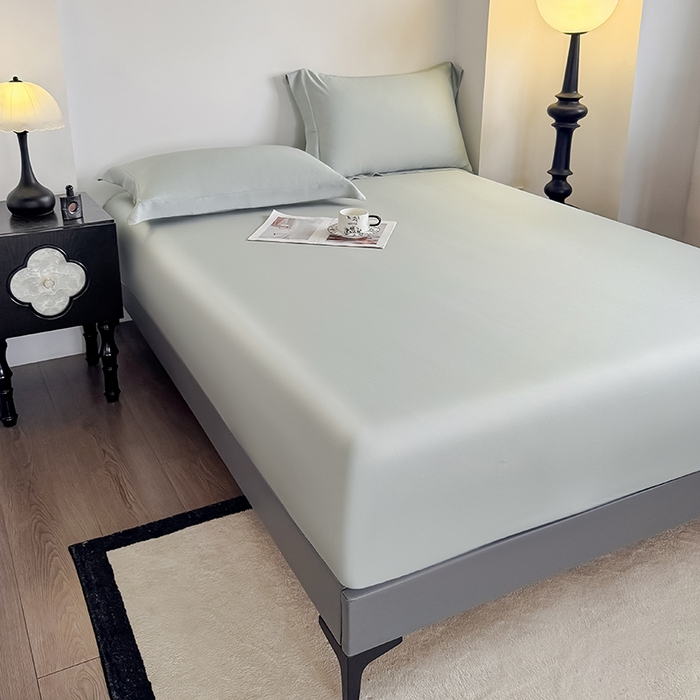 91家纺网 家纺一手货源 找家纺 金喜 2025新款LF级60支莱赛尔天丝床笠三件套纯色天丝床笠 竹青