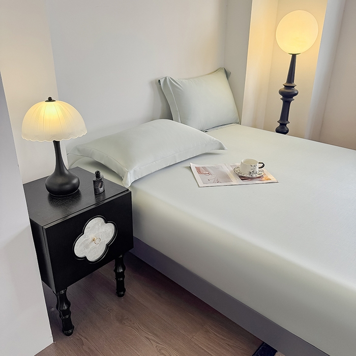 91家纺网 家纺一手货源 找家纺 金喜 2025新款LF级60支莱赛尔天丝床笠三件套纯色天丝床笠 竹青