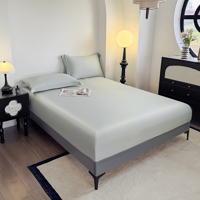 91家纺网 家纺一手货源 找家纺 金喜 2025新款LF级60支莱赛尔天丝床笠三件套纯色天丝床笠 竹青