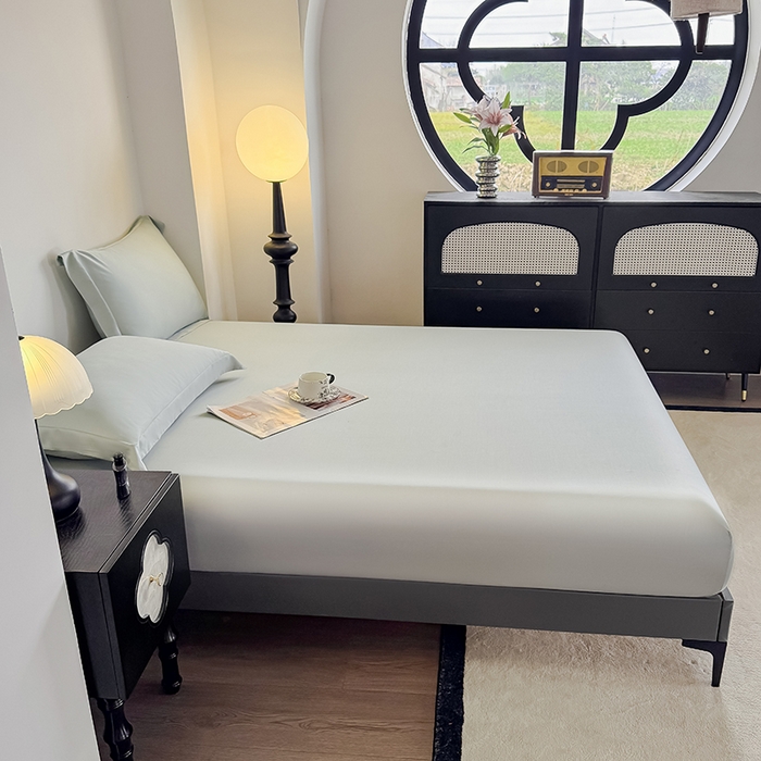 91家纺网 家纺一手货源 找家纺 金喜 2025新款LF级60支莱赛尔天丝床笠三件套纯色天丝床笠 竹青