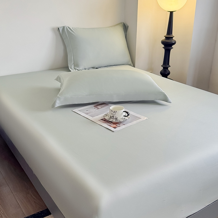 91家纺网 家纺一手货源 找家纺 金喜 2025新款LF级60支莱赛尔天丝床笠三件套纯色天丝床笠 竹青