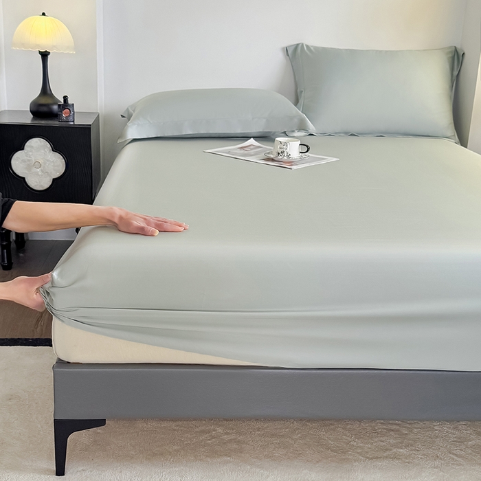 91家纺网 家纺一手货源 找家纺 金喜 2025新款LF级60支莱赛尔天丝床笠三件套纯色天丝床笠 竹青