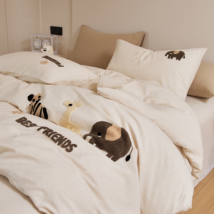 91家纺网 家纺一手货源 找家纺 原研家居 2025新款32支棉麻毛巾绣系列四件套 小邂逅