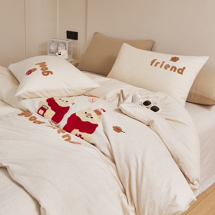 91家纺网 家纺一手货源 找家纺 原研家居 2025新款32支棉麻毛巾绣系列四件套 小确幸