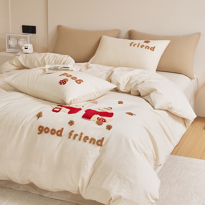 91家纺网 家纺一手货源 找家纺 原研家居 2025新款32支棉麻毛巾绣系列四件套 小确幸