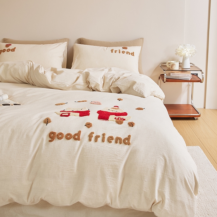 91家纺网 家纺一手货源 找家纺 原研家居 2025新款32支棉麻毛巾绣系列四件套 小确幸