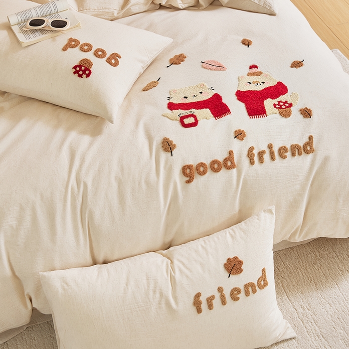 91家纺网 家纺一手货源 找家纺 原研家居 2025新款32支棉麻毛巾绣系列四件套 小确幸