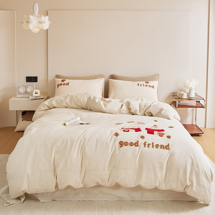 91家纺网 家纺一手货源 找家纺 原研家居 2025新款32支棉麻毛巾绣系列四件套 小确幸