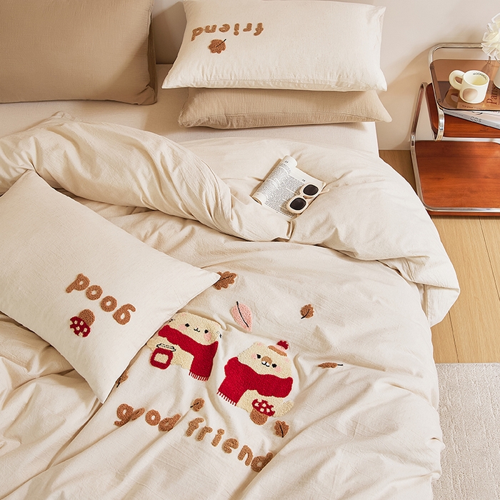 91家纺网 家纺一手货源 找家纺 原研家居 2025新款32支棉麻毛巾绣系列四件套 小确幸