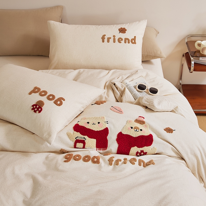 91家纺网 家纺一手货源 找家纺 原研家居 2025新款32支棉麻毛巾绣系列四件套 小确幸