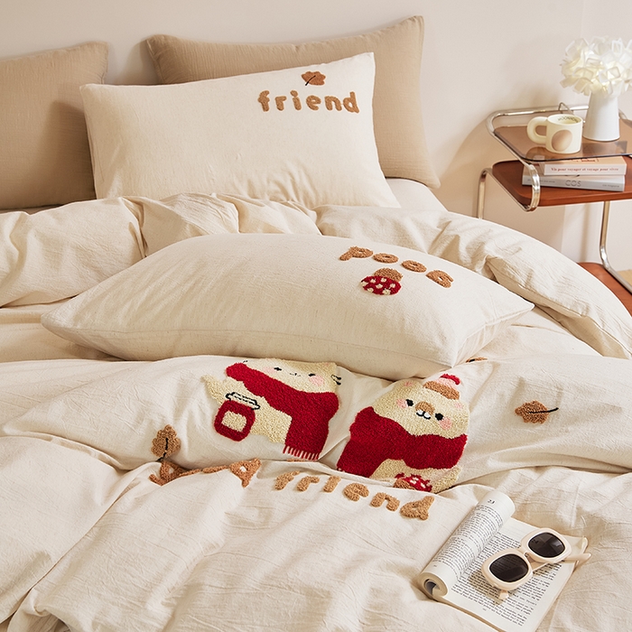 91家纺网 家纺一手货源 找家纺 原研家居 2025新款32支棉麻毛巾绣系列四件套 小确幸