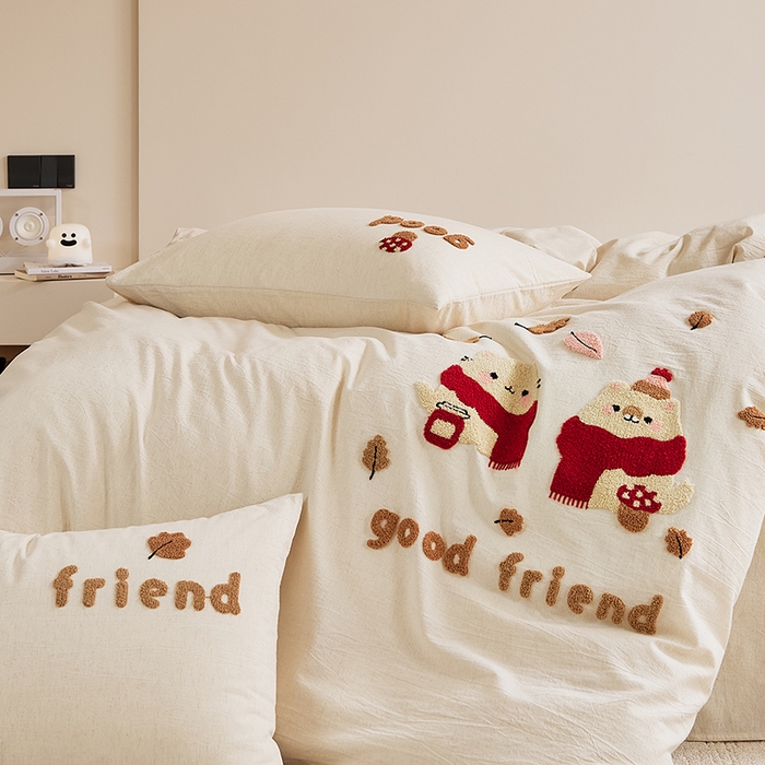 91家纺网 家纺一手货源 找家纺 原研家居 2025新款32支棉麻毛巾绣系列四件套 小确幸