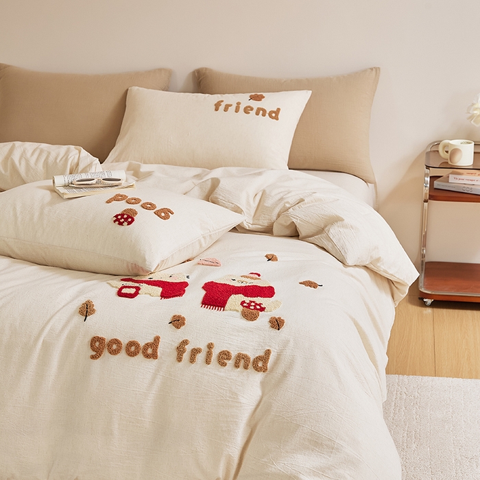 91家纺网 家纺一手货源 找家纺 原研家居 2025新款32支棉麻毛巾绣系列四件套 小确幸