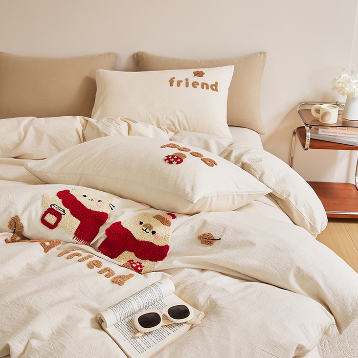 91家纺网 家纺一手货源 找家纺 原研家居 2025新款32支棉麻毛巾绣系列四件套 小确幸