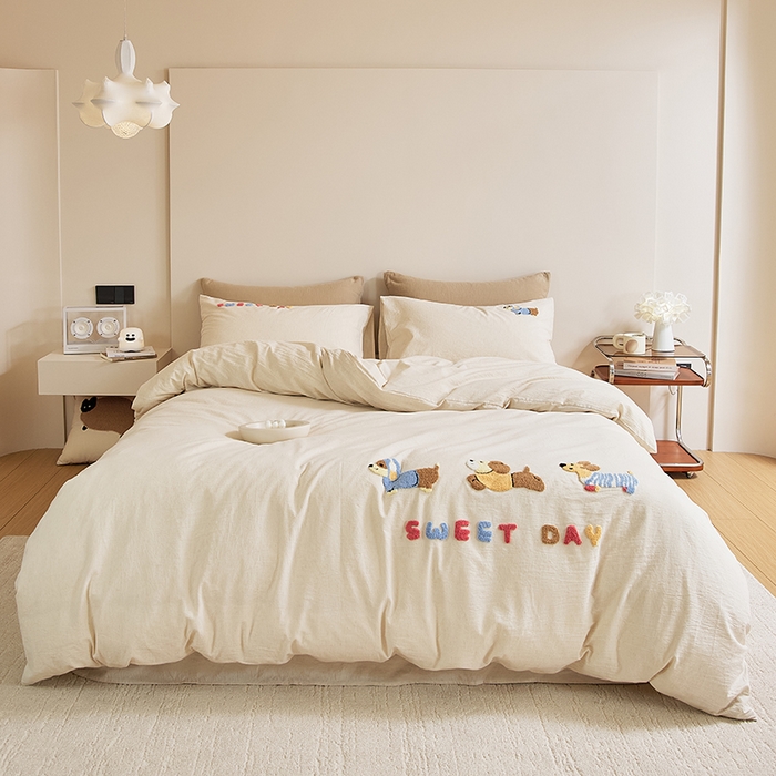 91家纺网 家纺一手货源 找家纺 原研家居 2025新款32支棉麻毛巾绣系列四件套 小时光