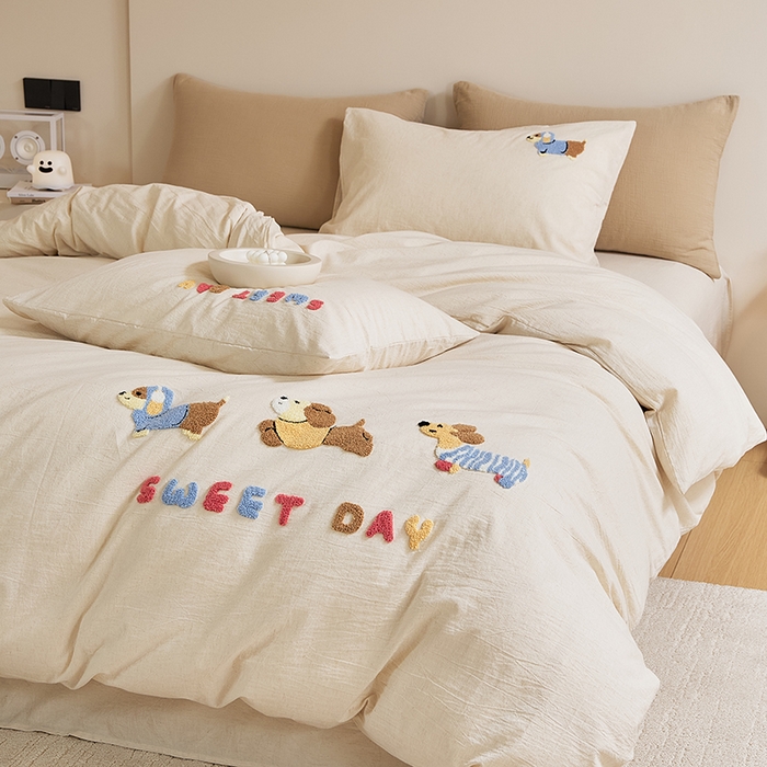 91家纺网 家纺一手货源 找家纺 原研家居 2025新款32支棉麻毛巾绣系列四件套 小时光