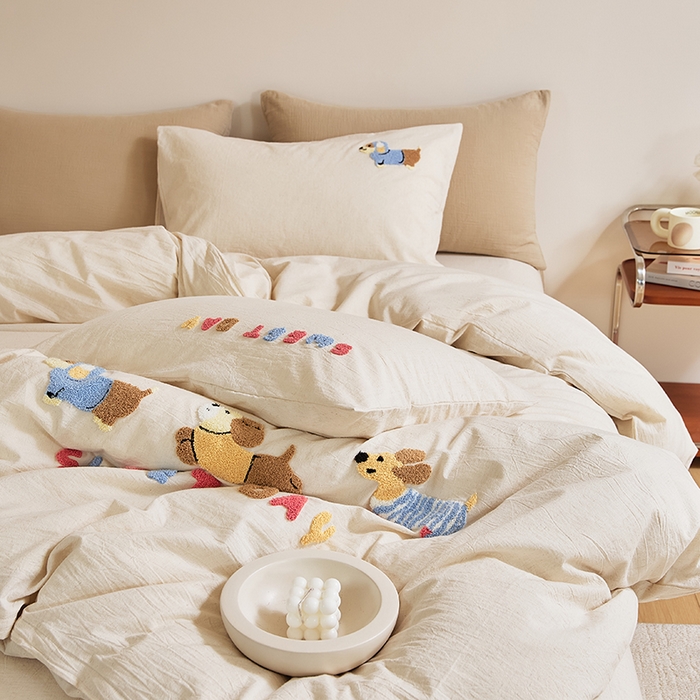 91家纺网 家纺一手货源 找家纺 原研家居 2025新款32支棉麻毛巾绣系列四件套 小时光