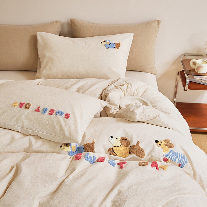 91家纺网 家纺一手货源 找家纺 原研家居 2025新款32支棉麻毛巾绣系列四件套 小时光