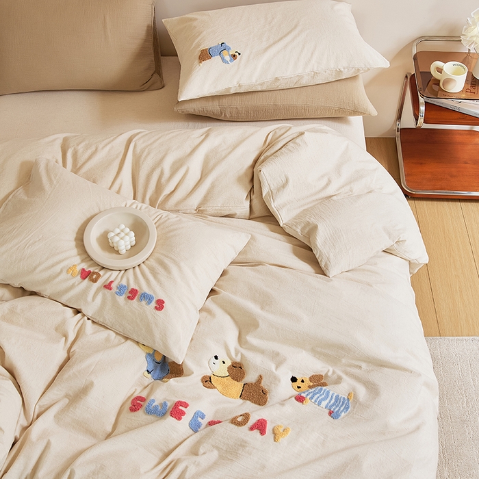 91家纺网 家纺一手货源 找家纺 原研家居 2025新款32支棉麻毛巾绣系列四件套 小时光