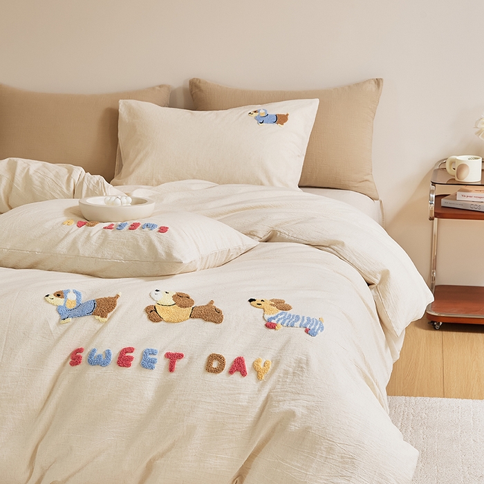 91家纺网 家纺一手货源 找家纺 原研家居 2025新款32支棉麻毛巾绣系列四件套 小时光