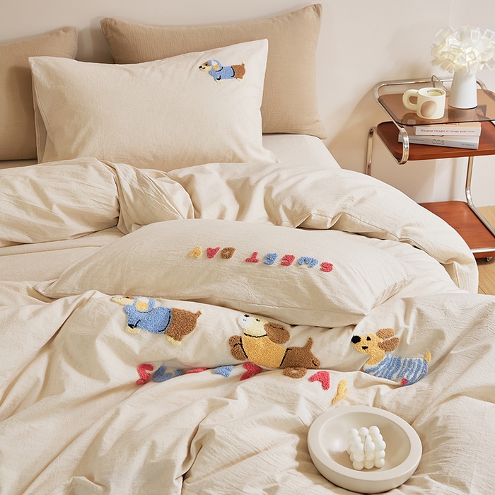 91家纺网 家纺一手货源 找家纺 原研家居 2025新款32支棉麻毛巾绣系列四件套 小时光